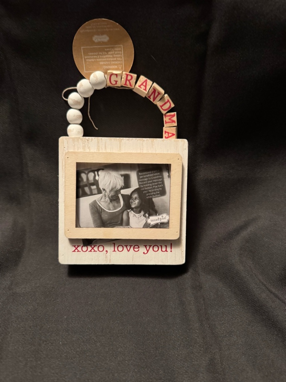 Mud Pie Grandma Recordable Photo Ornament Wooden Beaded Farmhouse Frame Gift